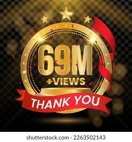 69M+ Views Logotype with Gold and red Confetti Isolated on Black Background(PNG), Vector design for video display celebration.