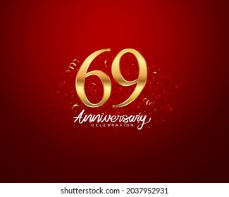 Antecedentes del 69º aniversario con número 3D ilustración números dorados y texto de celebración del aniversario con confeti dorado sobre fondo rojo.