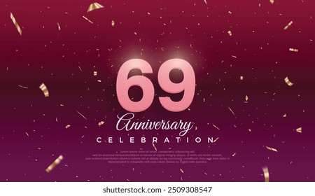 69th Anniversary celebration, 69 Anniversary celebration, Dark purple background, festive illustration,Realistic 3d sign, stars, Pink number with red ribbon 69 sparkling confetti, 69,70

