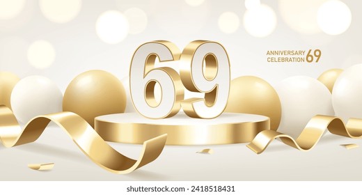 69th Anniversary celebration background. Golden 3D numbers on round podium with golden ribbons and balloons with bokeh lights in background.
