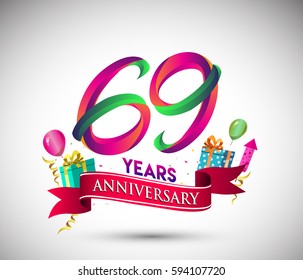 69th Anniversary Celebration Design, with gift box and balloons, Red ribbon, Colorful Vector template elements for your, sixty nine years birthday celebration party.
