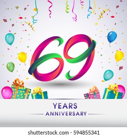69th Anniversary Celebration Design, with gift box, balloons and confetti, Colorful Vector template elements for your, sixty nine years birthday celebration party.