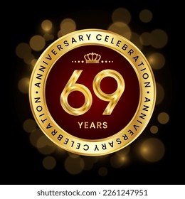 69th Anniversary Celebration. logo design with golden number and ring for birthday celebration event, invitation, greeting card, banner, poster, flyer, brochure, book cover. Logo Vector Template