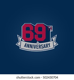 69th Anniversary Celebration Logo using 3d Number, Red Colored Isolated in Blue Background. Retro Style 