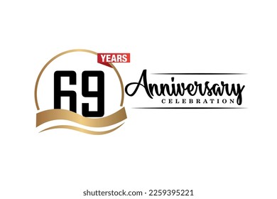 69th anniversary celebration logo vector design with gold black and red color on white background cute black color font   