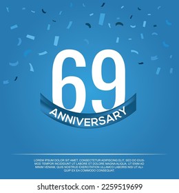 69º aniversario celebración diseño vectorial con números de color blanco y fuente de color blanco sobre fondo de color azul abstracto 