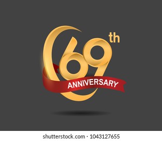 69th anniversary design logotype golden color with ring and red ribbon for celebration