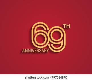 69th anniversary design logotype with line style golden color for celebration event isolated on red background