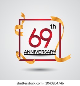 69th anniversary design with red color in square and golden ribbon isolated on white background for celebration