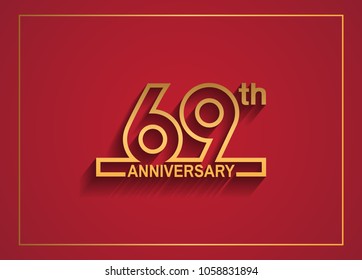 69th anniversary design with simple line style golden color isolated on red background for celebration event