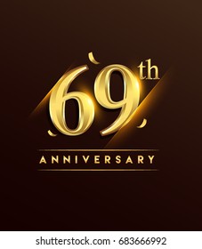 69th anniversary glowing logotype with confetti golden colored isolated on dark background, vector design for greeting card and invitation card.