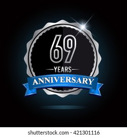69th anniversary logo with blue ribbon and silver shiny badge, vector design for birthday celebration