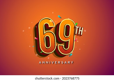 69th Anniversary Logo Design With Colorful Confetti, Birthday Greeting card with Colorful design elements for banner and invitation card of anniversary celebration.