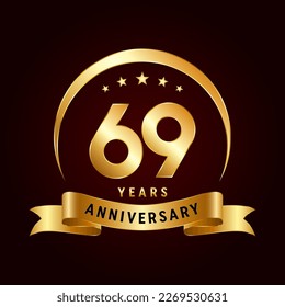 69th Anniversary logo design with golden ribbon. Logo Vector Template Illustration