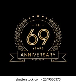 69th Anniversary logo design with laurel wreath for celebration event, invitation, banner, poster, flyer, greeting card. Line Art Design, Logo Vector Illustration
