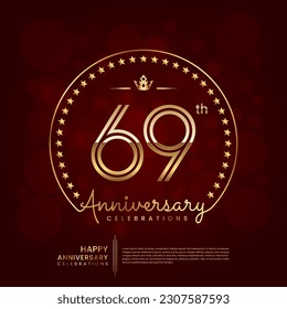 69. Jubiläumslogo mit Doppelzeilennummer und goldenem Text für Geburtstagsfeier, Einladung, Bannerposter, Flyer und Grußkarte, Vektorvorlage