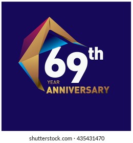 69th anniversary logo with gold shape modern looks. Anniversary signs illustration. Gold anniversary logo design and illustration