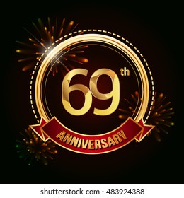 69th anniversary logo golden colored using ring, red ribbon, and fireworks background