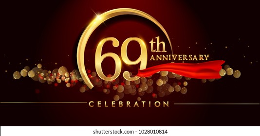 69th anniversary logo with golden ring, confetti and red ribbon isolated on elegant black background, sparkle, vector design for greeting card and invitation card