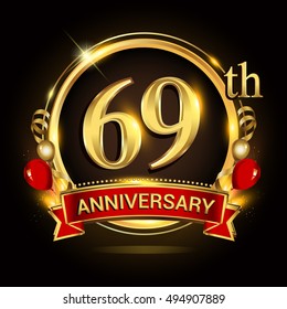 69th anniversary logo with golden ring,balloons and red ribbon. Vector design template elements for your birthday celebration.