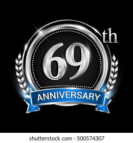 69th anniversary logo with silver ring combination blue ribbon. Vector template for birthday celebration, party, wedding, invitation and greeting card