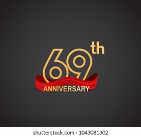 69th anniversary logotype design with line golden color and red ribbon for celebration isolated on dark background