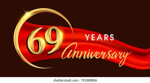 69th anniversary logotype with golden ring isolated on red ribbon elegant background, vector design for birthday celebration, greeting card and invitation card.