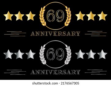 69th anniversary set gold and silver. Celebrating birthday, banner for special date with ring on isolated background.