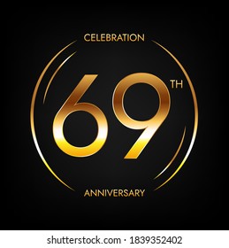 69th anniversary. Sixty-nine years birthday celebration banner in bright golden color. Circular logo with elegant number design.