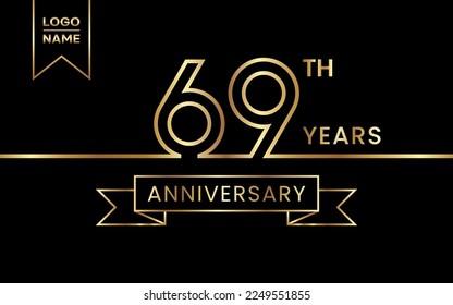 69th Anniversary template design with gold color for celebration event, invitation, banner, poster, flyer, greeting card. Line Art Design, Vector Template