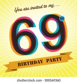 69th Birthday party invite / template design in retro style - Vector Background