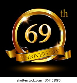 69th golden anniversary logo, 69 years anniversary celebration with ring and ribbon.