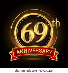 69th golden anniversary logo with ring and red ribbon. Vector design template elements for your birthday celebration.