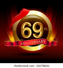 69th golden anniversary logo with ring and red ribbon. Vector design template elements for your birthday celebration.