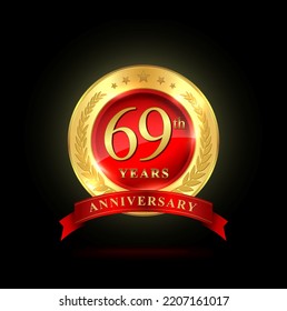 69th golden anniversary logo, with shiny ring and red ribbon, Laurel wrath isolated on black background, vector design