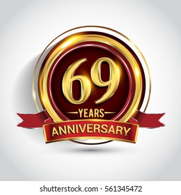 69th golden anniversary logo, sixty nine years birthday celebration with ring and red ribbon isolated on white background