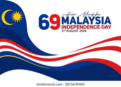 69th Independence Day Malaysia background featuring a flowing Jalur Gemilang ribbon, crescent moon, fourteen-point star. Perfect for Hari Merdeka 2026 celebrations, banners, posters, and social media.
