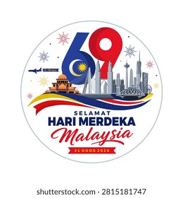 69th Malaysia Hari Merdeka 2026 Round Greeting Poster with Landmarks Skyline, 69th Anniversary Typography and Patriotic Illustration. Isolated Vector Illustration for 69th Malaysia Independence Day 2026 Celebrations. 