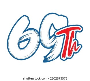 69th Ordinal Number counting vector art illustration with stunning font on red trim blue on white background