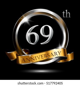 69th silver and gold anniversary logo, vector celebration design with ring and ribbon.