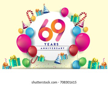 69th years Anniversary Celebration Design with balloons and gift box, Colorful design elements for banner and invitation card.