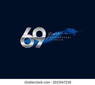 69th Years Anniversary celebration logotype silver colored with blue ribbon and isolated on dark blue background
