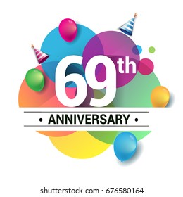 69th years anniversary logo, vector design birthday celebration with colorful geometric, Circles and balloons isolated on white background.