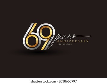 69 Jahre Jubiläumslogotype mit mehrzeiliger Silber- und goldener Farbe einzeln auf schwarzem Hintergrund für Feierlichkeiten.