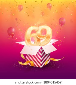 69th years anniversary vector design element. Isolated sixty-nine years jubilee with gift box, balloons and confetti on a colorful background