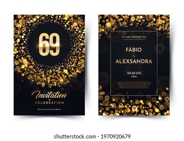 69th years birthday vector black paper luxury invitation double card. Sixty nine years wedding anniversary celebration brochure. Template of invitational for print dark background with bokeh lights