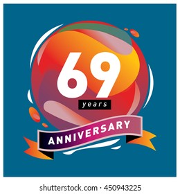 69th years greeting card anniversary with colorful number and frame. logo and icon with circle badge and background