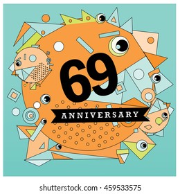 69th years greeting card anniversary with colorful number and frame. logo and icon with circle badge and background