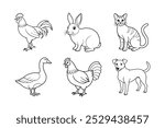 6-bundle line art of chick, dog, goose, rabbit ,hen, cat animals
