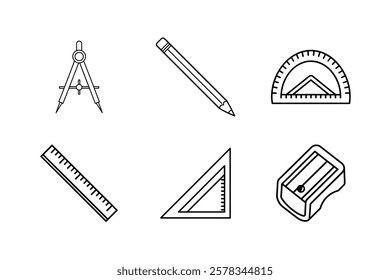 6-bundle template of compass divider,pencil,protractor,ruler,set square,sharpner